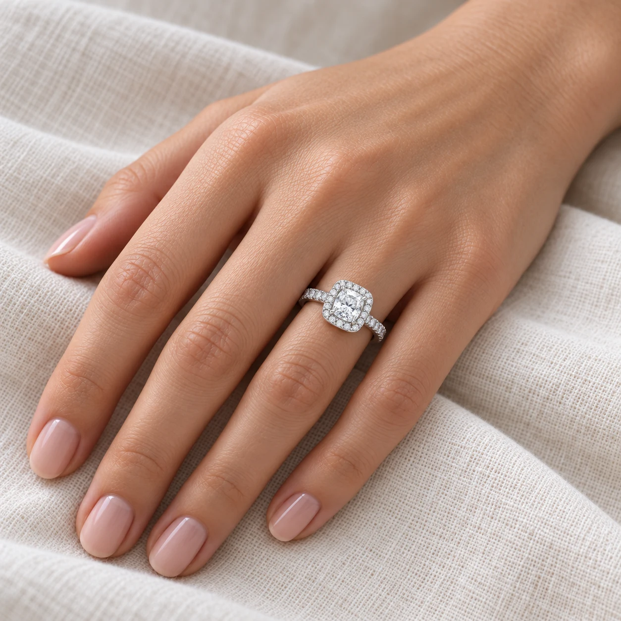 RIJORI cushion halo ring styled on a hand over ivory linen