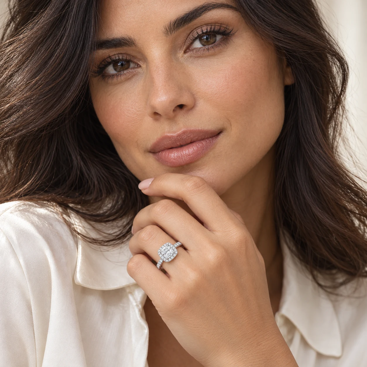 RIJORI lifestyle visualization featuring the cushion halo ring