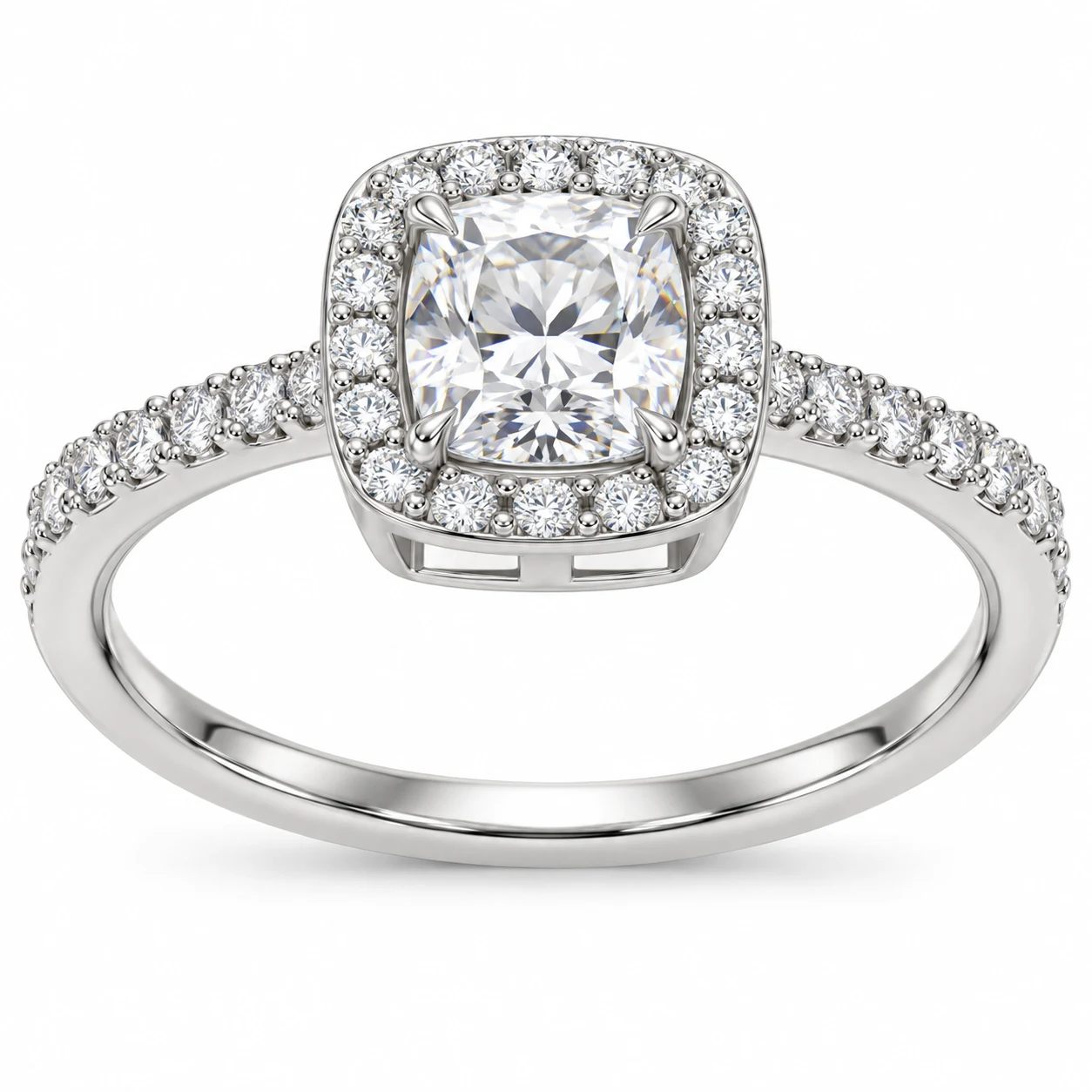 Finished silver version of the RIJORI cushion halo ring